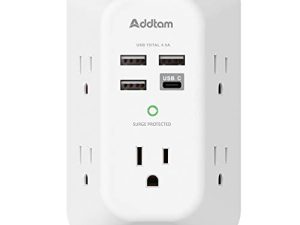 واقي زيادة التيار لشاحن USB 5 موسع منافذ مع 4 منافذ شحن USB (منفذ USB C واحد) 3 جوانب طاقة 1800J منافذ متعددة التوصيل مهايئ جداري متباعد للمنزل والسفر والمكتب مدرج في ETL