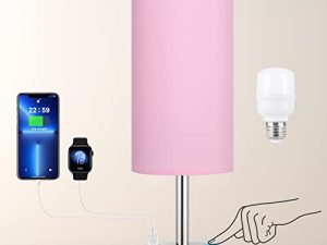 مصابيح منضدة باللون الوردي للفتيات - مصباح صغير بجانب السرير مع منافذ شحن USB-C و USB ، مصباح طاولة تحكم قابل للتعتيم بثلاثة اتجاهات لغرفة المعيشة والمبيت والقراءة بغطاء قماش بقاعدة فضية