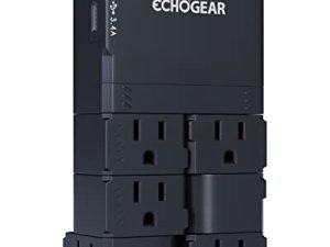 ECHOGEAR Wall Outlet with USB Ports & Surge Protection - Power & Protect 8 أجهزة مع 6 مقابس تيار متردد دوارة ومنفذين USB - يتضمن 1x USB-C ومنفذ 1x USB-A - أسود