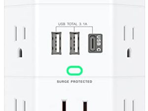 موسع منفذ الواقي من التيار الكهربائي للجدار - 5 مقسم منافذ (3 جوانب) و 3 شاحن USB (1 USB C) ، 1800 جول متعدد التوصيلات الحائط منفذ USB محول متباعد