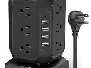 برج قطاع الطاقة مع منافذ USB-AiJoy Surge Protector مع 12 مخرج تيار متردد و 4 منافذ USB وسلك تمديد 10 قدم ومحطة شحن USB مع حماية من الحمل الزائد وغرفة المعيشة والمكتب والمبنى الجامعي