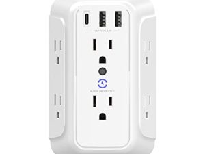شاحن جداري USB ، واقي عرام ، 6 منافذ موسعة مع 3 منافذ شحن USB (1 منفذ USB C ، 3.4A) 900J Power Strip منافذ متعددة التوصيل ، شريط طاقة مثبت على الحائط للمنزل والسفر والمكتب مدرج في ETL