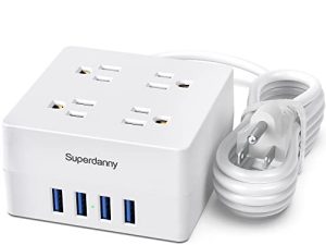 واقي عرام لقطاع الطاقة - سلك تمديد SUPERDANNY 5 قدم مع 4 منافذ و 4 منافذ USB ، 900 جول ، مفتاح التحميل الزائد ، مؤرض ، قابل للتركيب ، محطة شحن سطح المكتب للمنزل والمكتب والفندق والمسكن ، أبيض