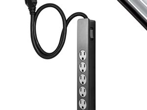 واقي زيادة التيار GE 6-Outlet ، سلك تمديد 2 قدم ، شريط طاقة ، 450 جول ، قابس شديد التحمل ، أغطية أمان ملتوية للإغلاق ، مدرج في قوائم UL ، أسود ، 47223 ، عبوة واحدة