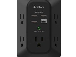 واقي زيادة التيار لشاحن USB - موسع منافذ Addtam 5 مع 4 منافذ شحن USB (1 USB C) ، 3 جوانب ، 1800J Power Strip ، مهايئ منافذ متعددة التوصيل متباعدة على نطاق واسع ، أسود