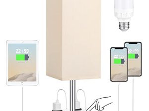 مصباح بجانب السرير مع منفذ USB ومخرج ، مصباح يعمل باللمس 3 اتجاهات قابل للتعتيم مع منفذ شحن USB لغرفة النوم ، مصباح طاولة صغير مع عاكس الضوء الذهبي لمنضدة مكتب غرفة المعيشة (تشمل لمبة LED)
