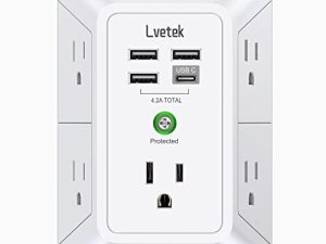 شاحن حائط USB ， LVETEK واقي عرام 5 موسع مخرج مع 4 منافذ USB (منفذ USB C واحد) 3 جوانب 1680J شرائط طاقة مهايئ جداري متباعد للمنزل والسفر والمكتب مدرج في ETL