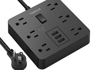 قطاع الطاقة مع USB ، وسلك تمديد سطح المكتب TESSAN 5 قدم مع 6 منافذ متباعدة على نطاق واسع ، واقي تصاعد مدمج 1700J لإكسسوارات المنزل والمكتب ، أسود