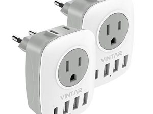 [2-عبوة] محول قابس السفر الأوروبي ، محول الطاقة الدولي VINTAR مع 1 USB C ، 2 منافذ أمريكية و 3 منافذ USB ، 6 في 1 أساسيات السفر لمعظم أوروبا واليونان وإيطاليا (النوع C)