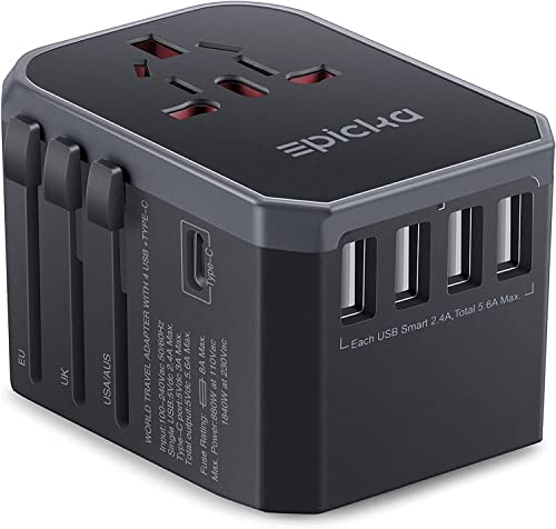 EPICKA Universal Travel Adapter One International Wall Charger AC Plug Adapter with 5.6A Smart Power و 3.0A USB Type-C للولايات المتحدة الأمريكية والاتحاد الأوروبي والمملكة المتحدة أستراليا (رمادي) EPICKA Universal Travel Adapter One International Wall Charger AC Plug Adapter with 5.6A Smart Power و 3.0A USB Type-C للولايات المتحدة الأمريكية والاتحاد الأوروبي والمملكة المتحدة أستراليا (رمادي)