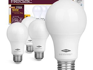 ريجال LED لمبة A19 800 لومن ، 9 وات (مكافئ 60 وات) ، قاعدة E26 ، غير قابلة للخفت (دافئة (2700 كلفن) ، عبوة من 4 لمبات كهربائية