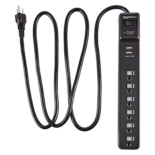 أمازون بيسيكس 6-Outlet Surge Protector Power Strip مع 2 USB Ports - 1000 Joule، Black أمازون بيسيكس 6-Outlet Surge Protector Power Strip مع 2 USB Ports - 1000 Joule، Black