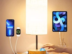 YUESUO 【مطور】 مصباح طاولة للتحكم باللمس مع منافذ شحن USB A + C ومخرج تيار متردد مصباح منضدة قابلة للتعتيم بثلاثة اتجاهات مع غطاء من قماش الكتان لغرفة المعيشة وغرفة النوم (E26 مصباح متضمن)