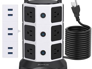 【10ft】 قطاع الطاقة برج JACKYLED حامي عرام محطة شحن كهربائية مع 13A 12 مخرج 6 منافذ USB سلك تمديد شديد التحمل للكمبيوتر والمكتب والمنضدة والهاتف المحمول أبيض أسود