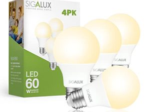 Sigalux LED لمبات الإضاءة 60 وات مكافئ A19 لمبات الإضاءة القياسية 2700K دافئ ، غير قابل للتعتيم وكفاءة في استخدام الطاقة 9.5 وات LED لمبة بيضاء ناعمة مع قاعدة متوسطة E26 ، 800 لومن ، مدرج في قوائم UL ، 4 عبوات