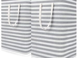 WOWBOX 75L [عبوتان] سلال غسيل ، سلة غسيل قائمة بذاتها مع مقابض طويلة معززة ، منظم كبير مقاوم للماء ، سلال خفيفة الوزن قابلة للطي للغسيل ، الملابس ، الألعاب ، رمادي