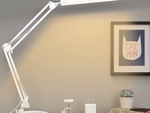 مصباح مكتب LED مع مشبك وقاعدة مستديرة ، مصباح طاولة للعناية بالعين مع ذراع متأرجح ، 3 أوضاع ألوان 10 مستويات سطوع ، مصباح بجانب السرير بوظيفة الذاكرة ، مصباح مكتب أبيض للمكتب المنزلي مع محول USB