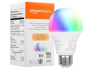 Amazon Basics Smart A19 LED Light Bulb ، تغيير اللون ، 2.4 جيجا هرتز Wi-Fi ، 60 واط ما يعادل 800LM ، يعمل مع Alexa فقط ، 1-Pack ، معتمد للبشر