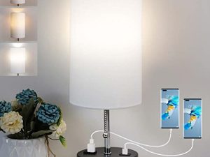 ROTTOGOON مصباح سرير بدرجة حرارة 3 ألوان ، مصباح منضدة مع منفذ USB ومخرج تيار متردد ، مصباح طاولة لغرفة النوم مع لمبة LED مصابيح صغيرة لغرفة المعيشة (أبيض)