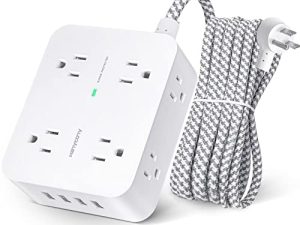 شريط طاقة حامي عرام - 8 منافذ واسعة مع 4 منافذ شحن USB ، 3 موسع مخرج جانبي مع سلك تمديد مضفر 5 أقدام ، قابس مسطح ، حامل على الحائط ، محطة شحن مكتبية USB للمنزل والمكتب ETL