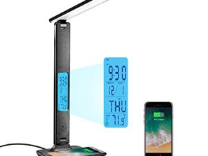 مصباح مكتبي ، مصباح مكتبي LED مع شاحن لاسلكي ، منفذ شحن USB ، مصباح طاولة قابل للطي قابل للتعديل مع ساعة ، منبه ، تاريخ ، درجة حرارة ، إضاءة قابلة للتعتيم بـ 5 مستويات ، مصباح مكتب مع محول