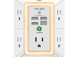 شاحن جداري USB ، شريط طاقة مع ضوء ليلي ، NUOZHI 5 Outlet Extender Surge Protector with 4 USB Ports (4.2A Total) ، 3-Sided 1680 Joules Multi Plug Outlets with Spacing Outlets ، - White ， ETL Listed