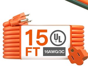 سلك تمديد خارجي 15 قدم مقاوم للماء شديد التحمل برتقالي 16 AWG 3 الشق ، أسلاك طويلة مرنة مثالية للاستخدام المنزلي أو المكتبي ، مدرج في UL