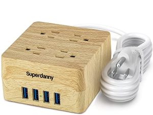 واقي عرام لشريط طاقة USB - سلك تمديد سطح المكتب SUPERDANNY مع 4 منافذ متباعدة على نطاق واسع و 4 منافذ USB ذكية ومحطة شحن محمولة للمنزل والمكتب والفندق والمسكن و RV وحبوب الخشب الصناعي