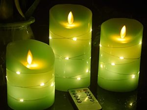 شمعة DANIP باللون الأخضر الفاتح عديمة اللهب ، سلسلة نجمة مدمجة ، 3 شموع LED ، 11 زر تحكم عن بعد ، وظيفة مؤقت 24 ساعة ، لهب راقص ، شمع حقيقي ، يعمل بالبطارية. (اخضر فاتح)