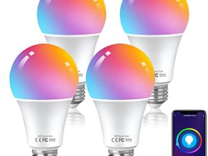 لمبة اليكسا الخفيفة ، لمبة الإضاءة الذكية ، لمبات الإضاءة RGB ، LED WiFi + BLE Smart Bulb ، لمبة تعمل مع Alexa / Google Assistant ، 9W 806lm ، الجدول الزمني ، عكس الضوء ، الإيقاع الحيوي ، بدون محور (4 حزم)