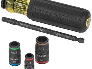Klein Tools 32900 Impact Driver ، 7-in-1 Impact Flip Socket Set مع مقبض ، 6 أحجام مفككة سداسية بالإضافة إلى حامل لقم 1/4 بوصة