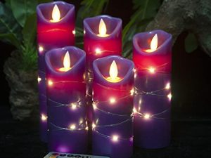 شمعة DANIP أرجوانية عديمة اللهب مع سلسلة Starlight مضمنة ، 5 قطع شموع LED مع 11 زر تحكم عن بعد ، وظيفة مؤقت 24 ساعة ، لهب راقص ، شمع حقيقي ، بطارية تعمل بالطاقة. (أرجواني)