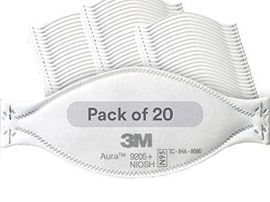 3M Aura جهاز التنفس الصناعي للجسيمات 9205+ ، N95 ، ملفوف بشكل فردي ، 3 لوحات تصميم طية مسطحة يسمح بحركات الوجه