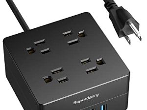 قطاع الطاقة ، سوبر داني 4-Outlet 4-USB ، حامي عرام ، سلك تمديد 5 قدم ، 900 جول ، مفتاح التحميل الزائد ، مؤرض ، قابل للتثبيت ، قاعدة شحن سطح المكتب للمنزل والمكتب والمدرسة والمسكن والكمبيوتر ، أسود