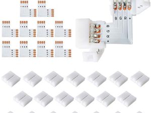 موصلات LED ذات 4 سنون على شكل حرف L 10 عبوات من JACKYLED 10 مم موصلات زاوية الزاوية اليمنى العريضة موصل محول بدون لحام مع مشابك 22 قطعة لـ 3528/5050 SMD RGB 4 شرائط إضاءة LED موصل