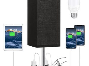 مصباح بجانب السرير مع منفذ USB ومخرج ، مصباح يعمل باللمس ثلاثي الاتجاهات مع منفذ شحن USB لغرفة النوم ، مصباح طاولة أسود صغير مع شاحن لمنضدة منضدة مكتب غرفة المعيشة (تشمل لمبة LED)