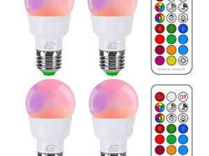 لمبة الإضاءة ILC RGB LED ، لون متغير معادل 40 واط ، 450LM قابلة للتعتيم 5 واط E26 قاعدة لولبية RGBW ، لمبة ضوء كاشفة مزاجية - 12 خيارًا للون - تتضمن جهاز تحكم عن بعد بالأشعة تحت الحمراء للتوقيت (4 عبوات)
