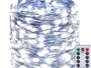 SANJICHA 66Ft 200LED سلسلة أضواء الجنية في الهواء الطلق / داخلي ، أضواء خرافية فائقة السطوع مع جهاز تحكم عن بعد ، سلك نحاسي مقاوم للماء 8 أوضاع لأضواء الكريسماس لغرفة النوم وحفلات الزفاف (أبيض بارد)