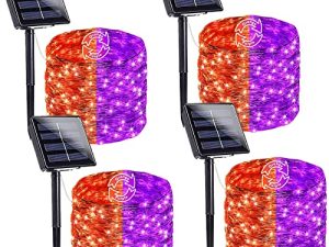 LORRYTE 4-Pack 160FT 400 LED Solar Halloween Lights (Orange to Purple) ، أضواء سلسلة خارجية تعمل بالطاقة الشمسية متغيرة اللون لتزيين حفلات الهالوين وشجرة ساحة الحديقة