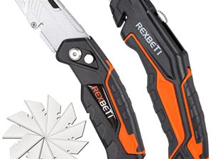REXBETI 2-Pack Utility Knife ، SK5 شديدة التحمل قابلة للسحب للكرتون والكرتون والصناديق ، تصميم تخزين الشفرة ، 10 شفرات إضافية متضمنة