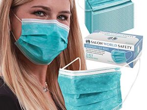 TCP Global Salon World Safety - صندوق موزع محكم الغلق مكون من 50 قناع وجه أكوا يمكن التخلص منه 3 طبقات واقية من معدات الوقاية الشخصية مع مشبك الأنف وحلقات الأذن