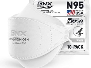 قناع BNX N95 معتمد من NIOSH مصنوع في الولايات المتحدة الأمريكية ، قناع واقي لجهاز التنفس الصناعي ، كوب ثلاثي الطي / نمط سمكة ، (10 عبوات ، رقم الموافقة TC-84A-9362 / موديل F95W) أبيض