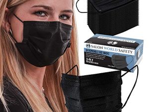 TCP Global Salon World Safety - أقنعة وجه أمان سوداء يمكن التخلص منها بثلاث طبقات من معدات الوقاية الشخصية
