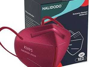 قناع أمان HALIDODO KN95 ، 60 عبوة من 5 طبقات بشكل فردي ، قناع أمان مريح ومسامي مع ترشيح أكثر من 95٪ (أحمر)