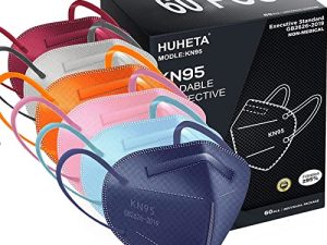 قناع الوجه HUHETA KN95 60 عبوة ، قناع أمان مريح ومسامي 5 طبقات ، كفاءة مرشح 95٪ ، أقنعة واقية من الغبار ضد PM2.5 - ملفوفة بشكل فردي (قناع متعدد الألوان)