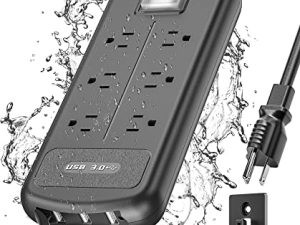 شريط طاقة خارجي USB مقاوم للماء ومقاوم للماء مع 3 منافذ USB و 6 منافذ وسلك تمديد 6 قدم وحماية ضد الحمل الزائد ومقاوم للصدمات وقابل للتثبيت في فناء مكتب المنزل ، أسود