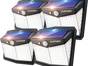 مصابيح خارجية تعمل بالطاقة الشمسية من CLAONER ، [128 LED / 4 حزم] أضواء مستشعر الحركة الشمسية 3 أوضاع عمل مصابيح خارجية بزاوية عريضة 270 درجة لاسلكية IP65 مقاومة للماء تعمل بالطاقة الشمسية كشاف لساحة الفناء ، أبيض بارد