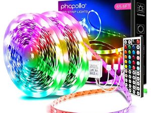 أضواء ليد من phopollo 65.6FT لغرفة النوم ، وأضواء شريط LED متغيرة الألوان 5050 مع جهاز تحكم عن بعد 44 مفتاحًا وإمدادات طاقة 12 فولت ، وشريط أضواء LED للديكور المنزلي.