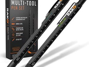 مجموعة أقلام RAK Multi-Tool 2Pc - مصباح LED ، قلم شاشة تعمل باللمس ، مسطرة ، مستوى ، فتاحة زجاجات ، مفك براغي فيليبس ، Flathead ، وقلم حبر جاف