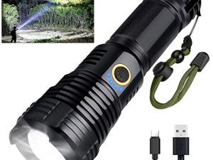 مصابيح LED قابلة لإعادة الشحن ، مصباح يدوي 90000 لومن عالي ، مصباح يدوي تكتيكي XHP70 مع زووم ، 5 أوضاع ، مصابيح يدوية فائقة السطوع مقاومة للماء بدرجة عسكرية للطوارئ والتخييم والتنزه سيرًا على الأقدام